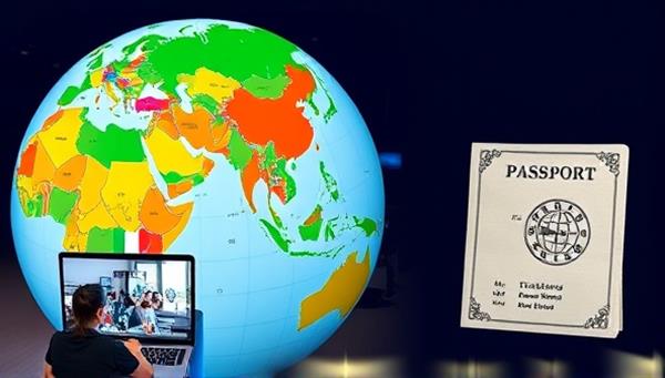 An interactive virtual globe with colorful flags representing different countries, students engaging in online language classes, and a digital passport stamping feature symbolizing virtual travel and cultural exchange opportunities.
