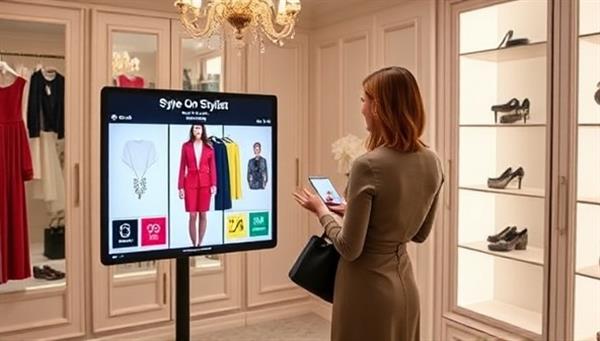 An elegant virtual fitting room environment featuring a stylist presenting curated outfit options on a digital display, with virtual try-on features and personalized style recommendations, capturing the essence of ShopSphere