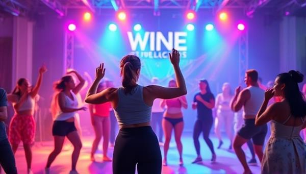 An energetic virtual fitness concert with a fitness instructor leading a workout session to live music, participants following along and dancing to the beat, creating a vibrant and immersive fitness concert experience online.