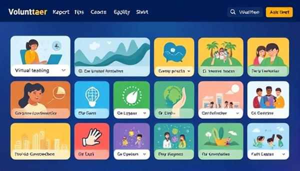 An online platform interface showing a diverse array of volunteer opportunities, from virtual teaching to environmental conservation projects, with vibrant icons representing different causes, fostering a sense of community and global impact.