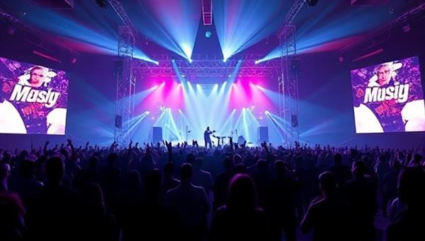 An artistic rendering of a virtual concert setting with a stage, crowd silhouettes, and digital effects, capturing the excitement and energy of a live music event in a virtual environment.