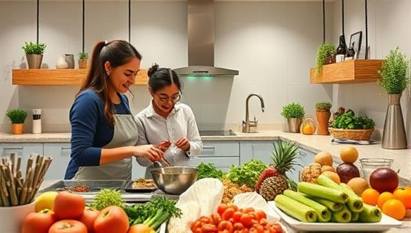 An immersive virtual kitchen setting with a nutritionist guiding a user through meal preparation, showcasing fresh ingredients, cooking utensils, and a healthy meal spread, promoting the interactive and educational aspect of the online nutrition and meal planning service.