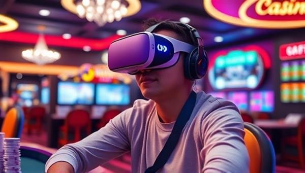 An image of a person wearing a VR headset, sitting in a virtual casino environment with digital cards and chips floating around, capturing the futuristic and engaging aspect of the VR Casino Haven.