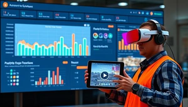 A digital dashboard displaying real-time project progress, schedules, and communication channels, with virtual reality headsets and tablets symbolizing the remote project management capabilities of VirtualSite Solutions, offering a seamless and efficient way to oversee construction projects from anywhere.