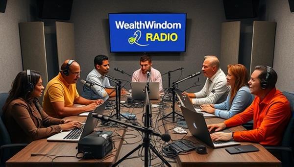 An artistic depiction of a diverse group of podcast hosts recording episodes in a professional studio setup, surrounded by microphones, soundproof panels, and laptops, capturing the dynamic and engaging atmosphere of the WealthWisdom Radio network.