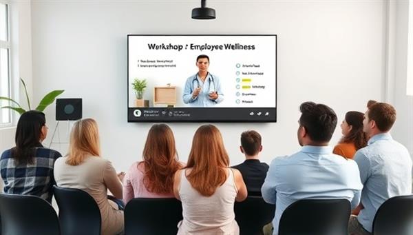 An engaging webinar scene featuring a virtual health coach leading a workshop on employee wellness, with a diverse group of professionals attending remotely, interactive polls and Q&A sessions on the screen, and a digital wellness resource library in the background, highlighting the interactive and educational nature of the corporate wellness program.