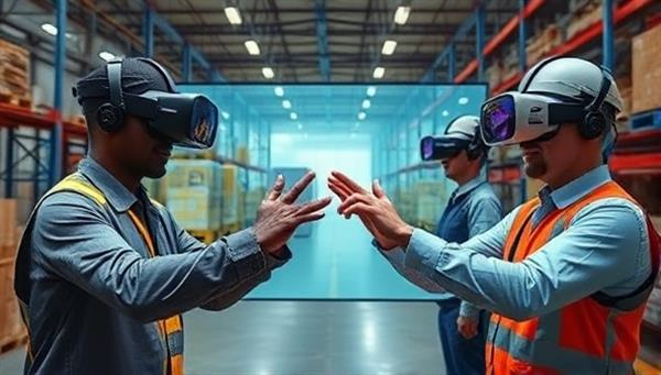 An engaging VR simulation image showing warehouse employees wearing VR headsets and interacting with virtual safety scenarios, emphasizing the hands-on and immersive nature of the virtual warehouse safety training platform.