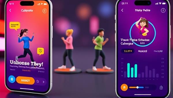 An engaging app interface showcasing virtual avatars participating in fitness challenges, earning rewards, and tracking progress, creating a visual representation of the gamified fitness experience offered by the app.