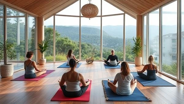 An immersive virtual wellness retreat setting with participants engaging in yoga, meditation, and wellness activities led by experienced facilitators, surrounded by serene nature visuals and calming music, creating a serene and rejuvenating retreat atmosphere from home.