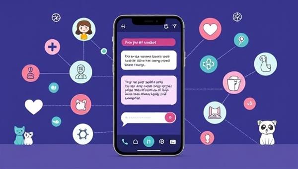 An interactive mobile app interface featuring the Pet Health AI Chatbot with a friendly chat bubble, providing pet health advice to a concerned pet owner, surrounded by pet health icons and AI algorithms, illustrating the innovative and user-friendly nature of the chatbot.