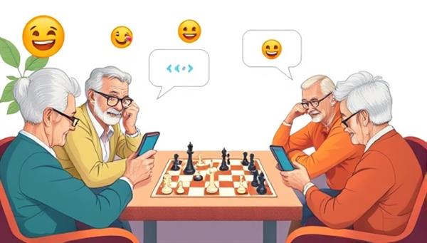 An illustration of a group of seniors engaging in a virtual game of chess on tablets, accompanied by cheerful emojis and virtual chat bubbles, highlighting the social interaction and mental stimulation offered by SilverPlay Connect