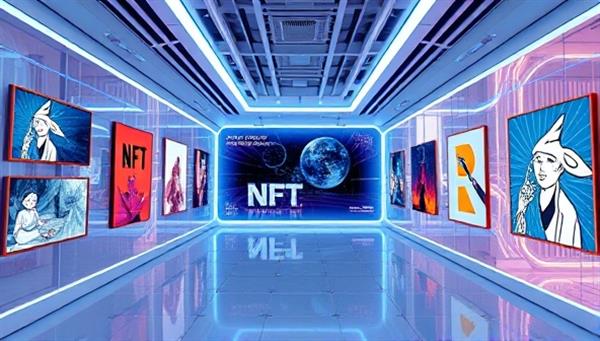 A futuristic virtual art gallery space with digital screens displaying NFT artworks, interactive VR installations, and artist profiles, creating a cutting-edge and immersive experience for art enthusiasts exploring EtherArt Gallery.