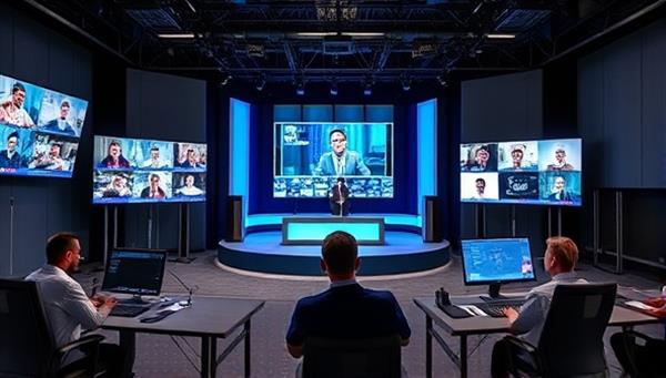 A virtual event control room setup with screens displaying live streams, a stage setup with virtual branding elements, and a team coordinating the online event seamlessly, conveying professionalism and technical expertise in virtual event planning.