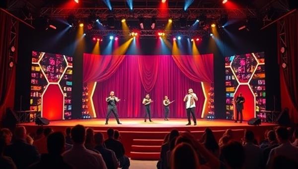 An online stage hosting a digital variety show with diverse performers, vibrant lighting, and virtual audience reactions, creating a dynamic and engaging entertainment experience.