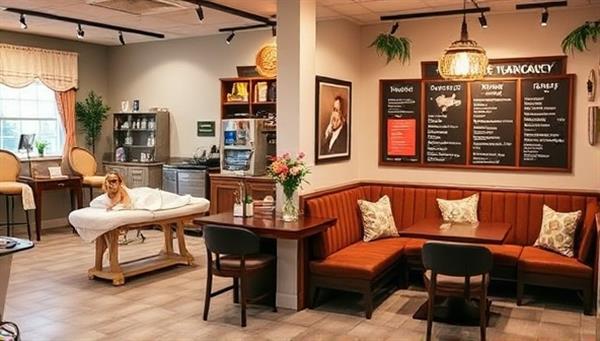 A serene spa area with pets enjoying grooming sessions and massages, a cozy cafe corner with pet-friendly seating and menu boards featuring treats and beverages for both pets and owners, a lively atmosphere of shared pet wellness and bonding experiences.