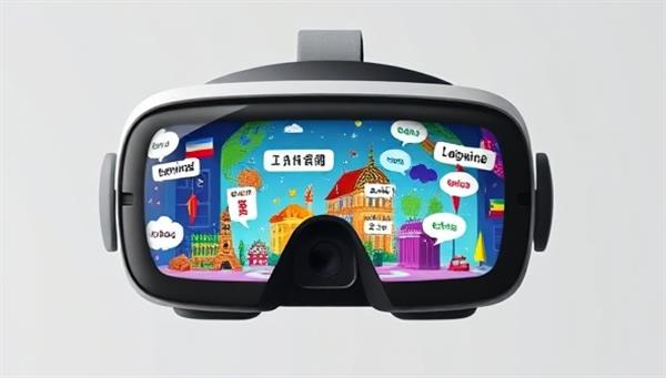 A virtual reality headset displaying an immersive language learning environment with vibrant cultural elements and interactive language exercises, showcasing the platform