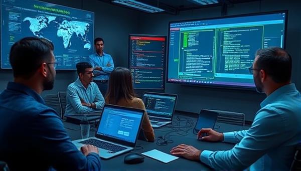 A cybersecurity expert leading a simulated incident response training session with government security teams, utilizing real-time threat scenarios, response protocols, and digital forensics tools, demonstrating the hands-on and immersive nature of the cybersecurity training program.