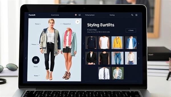 A sleek and modern digital interface displaying outfit combinations on a virtual mannequin, with a background featuring trendy fashion accessories and a laptop, symbolizing the convenience and style expertise of online styling consultations.