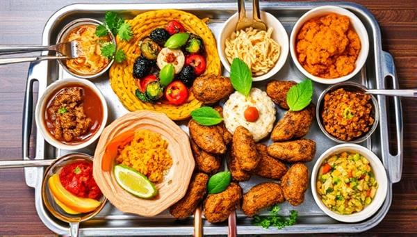 An appetizing image showcasing a variety of international dishes and flavors arranged on a delivery tray, accompanied by vibrant garnishes and utensils, symbolizing the diverse and flavorful culinary experiences available through FlavorFusion Delivery.
