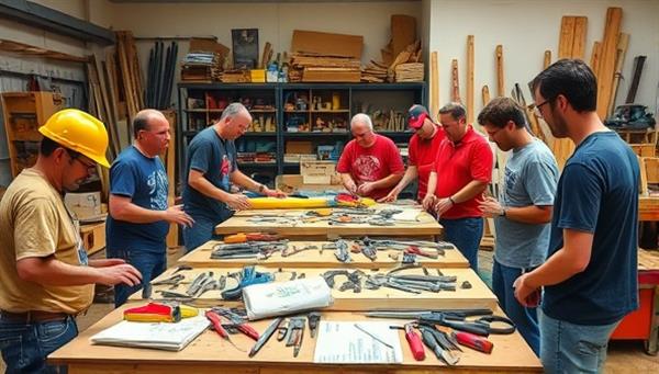 A vibrant community workshop setting with members exchanging construction tools and equipment while discussing project ideas and collaborations.