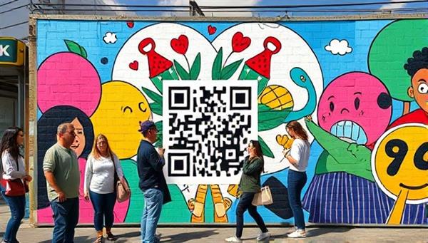An image of a vibrant and interactive street mural featuring a QR code that leads to a business website when scanned, with people stopping to engage with the artwork and share it on social media, creating a buzz around the business.