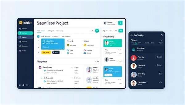 A digital mockup of the BuildPro Connect platform interface, showing a user-friendly dashboard with project timelines, team collaboration tools, and real-time communication features, illustrating seamless project management in a virtual environment.