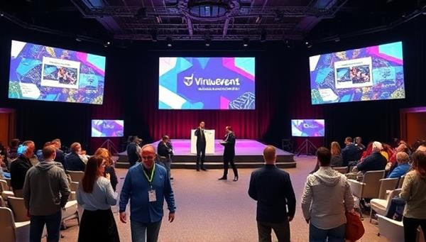 An engaging virtual event setup with a stage, digital screens displaying interactive content, and attendees interacting via avatars, showcasing the immersive and dynamic experience offered by VirtuEvent Solutions in virtual event production.