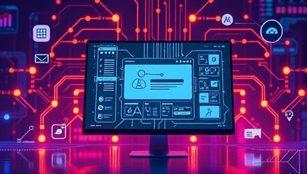 A futuristic digital interface showing a virtual AI assistant generating content on a sleek computer screen, surrounded by innovative technology symbols, illustrating the power of AI in content creation.