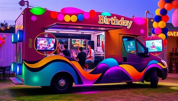 An image of a colorful and vibrant gaming truck parked at a birthday party venue, with kids and adults playing video games inside the truck, surrounded by balloons and party decorations, capturing the excitement and fun atmosphere of the mobile gaming experience.