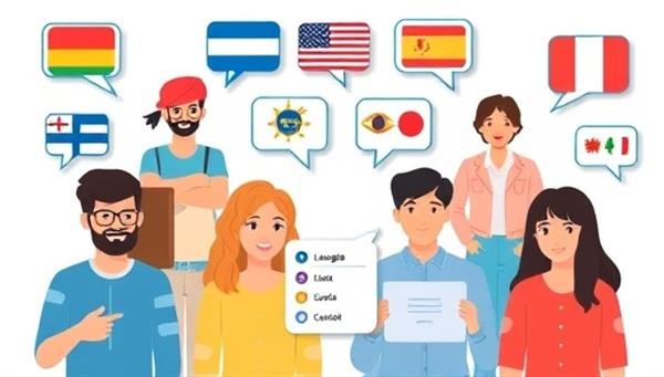 A digital representation of a diverse group of avatars engaging in virtual language exchange sessions, with speech bubbles displaying different languages, flags representing various countries, and interactive language learning tools, showcasing the multicultural and interactive learning experience on LingoSwap.