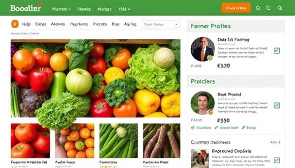An interactive website screenshot displaying a variety of colorful, fresh produce items available for purchase, alongside farmer profiles and customer reviews, creating a vibrant and community-driven online marketplace experience.
