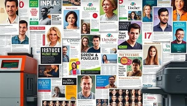 A visually stunning collage of personalized print ads featuring diverse consumer profiles and customized messaging, surrounded by printing equipment and design elements, highlighting the creativity and impact of data-driven print advertising in a dynamic and engaging composition.
