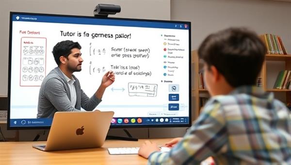 A virtual tutoring session scene showing a tutor explaining a complex math problem to a student via video call, with digital whiteboards and educational resources displayed on the screen, creating an interactive and engaging learning environment.