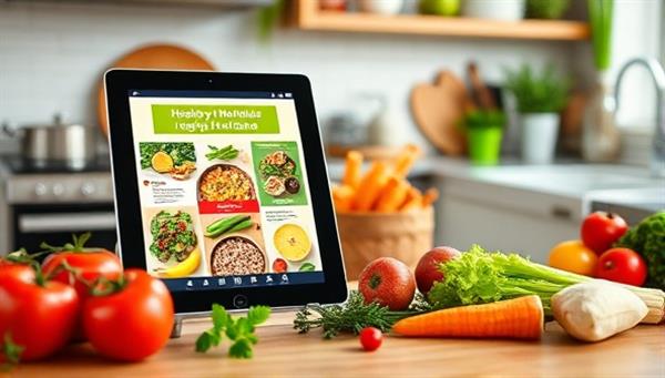 An inviting kitchen scene with a digital tablet displaying a colorful and nutritious meal plan, surrounded by fresh ingredients and cooking utensils, promoting healthy eating habits and personalized nutrition solutions.