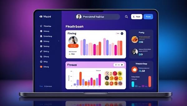A vibrant digital platform interface showcasing a personalized health plan dashboard with interactive tools for tracking fitness progress, nutritional intake, and mental well-being, all designed in a sleek and modern style.