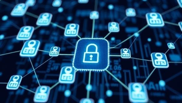 A digital representation of a secure blockchain network with interconnected blocks representing verified identities, encrypted data, and decentralized authentication processes, symbolizing trust and security in government identity management.