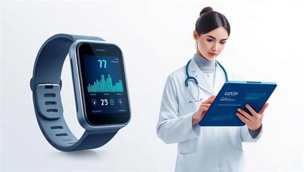 An illustration of a sleek, futuristic wearable device displaying health metrics in a user-friendly app interface, with a healthcare provider monitoring the data on a tablet, symbolizing advanced remote healthcare monitoring.