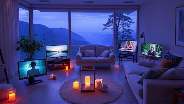 A tranquil virtual retreat setting with soothing nature sounds, guided meditations playing on screens, participants practicing yoga and mindfulness exercises from their homes, virtual candles and relaxation props enhancing the calming ambiance, creating a serene and rejuvenating retreat experience for the mind, body, and spirit.