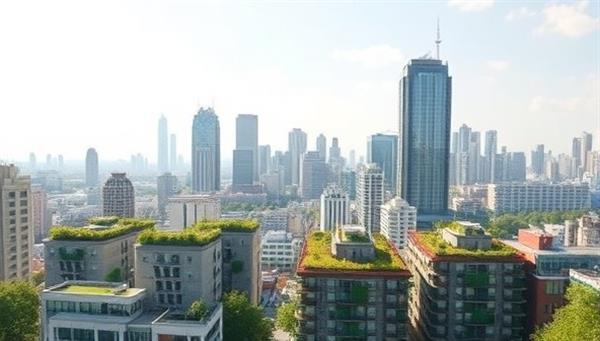 An urban skyline featuring green buildings with solar panels, rooftop gardens, and sustainable design elements, illustrating a vision of environmentally conscious real estate development and urban planning.
