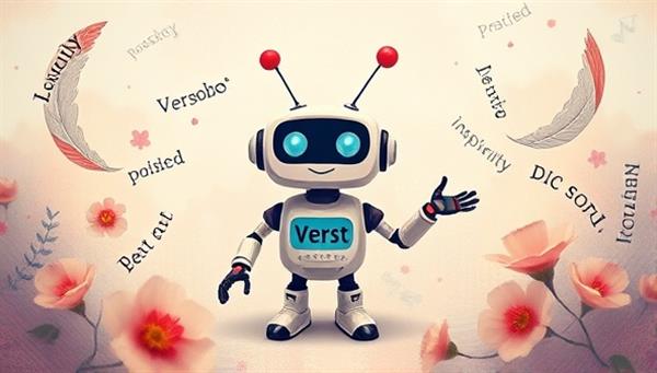 An artistic representation of VerseBot as a friendly digital companion, surrounded by poetic imagery like floating words, quills, and blooming flowers, engaging in a conversation with a user about their poetry, illustrating the chatbot