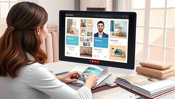 An artistic rendering of a virtual interior designer presenting a digital mood board to a client via video call, surrounded by color swatches, fabric samples, and furniture catalogs, evoking a sense of creativity and collaboration in virtual design consultations.