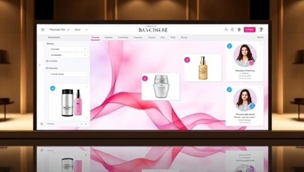 An elegant digital interface displaying the BeautySphere Concierge platform, featuring sleek design elements, beauty product images, and chat bubbles with beauty advisors, conveying a sense of luxury and personalized service.