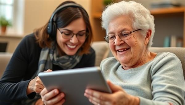An image of a senior individual smiling while using a tablet with the assistance of a tech mentor, showcasing the joy of learning new digital skills and staying connected through technology in a supportive and engaging environment.