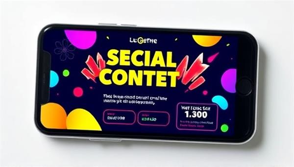 An interactive social media contest template displayed on a smartphone screen with vibrant colors and engaging graphics, showcasing the platform