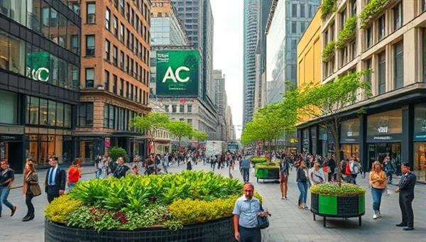 A bustling city square transformed into a green oasis with eco-friendly guerrilla marketing installations like plant-based billboards and biodegradable street art, capturing the attention of passersby and promoting sustainability in advertising.
