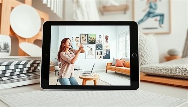 A virtual interior design studio setting displayed on a tablet screen, showcasing a professional designer presenting mood boards, color palettes, and decor suggestions to a client, surrounded by design samples and inspirational images, creating a stylish and creative atmosphere for virtual design consultations.