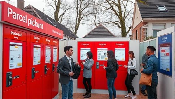 An engaging image of a modern parcel pickup point in a residential setting, with colorful lockers, digital screens displaying package details, and customers collecting their parcels, showcasing the convenience and efficiency of the PickUp Hub network.