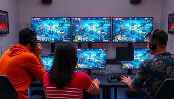 An engaging visual of a mentor guiding a group of diverse gamers through a virtual training session, with gaming setups and screens displaying gameplay strategies, fostering a sense of community and skill development within the Game Mastery Guild.