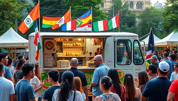 An eclectic image featuring a vibrant food truck adorned with colorful flags from different countries, surrounded by a bustling crowd sampling fusion dishes like Korean tacos, Indian-inspired burritos, and Italian sushi rolls, evoking a sense of cultural diversity and culinary creativity.