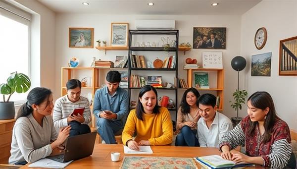 An interactive virtual language exchange room with users from different cultural backgrounds engaging in language practice sessions, sharing resources, and fostering a sense of global connection and mutual learning.